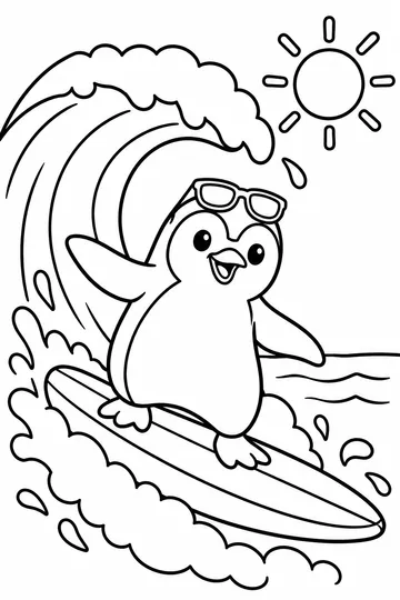 Surfing Penguin coloring page