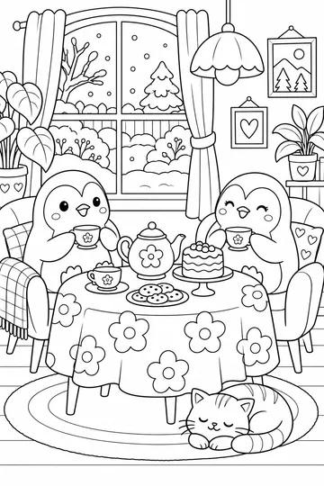 Penguin Tea Time coloring page
