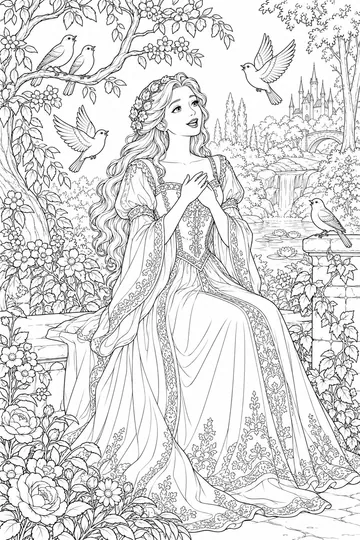 Princess and Birds coloring page