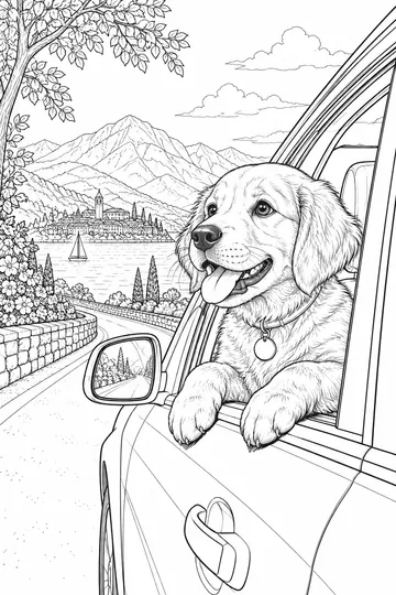 Puppy in a Car coloring page