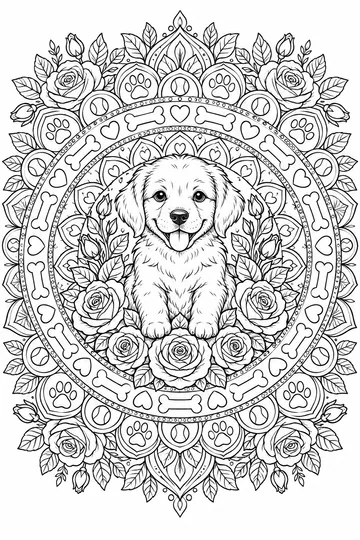Puppy Floral Frame Mandala coloring page