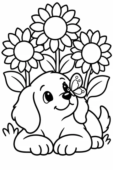 Puppy with Sunflowers coloring page