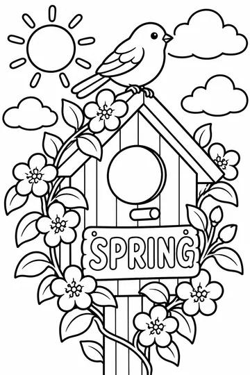 Birdhouse and Blossoms coloring page