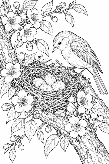 Bird Nest in Blossoms coloring page