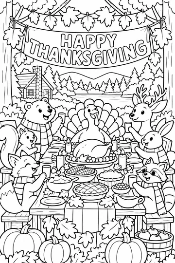 Woodland Thanksgiving Feast coloring page