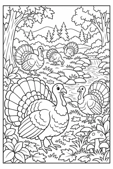 Wild Turkeys in the Woods coloring page
