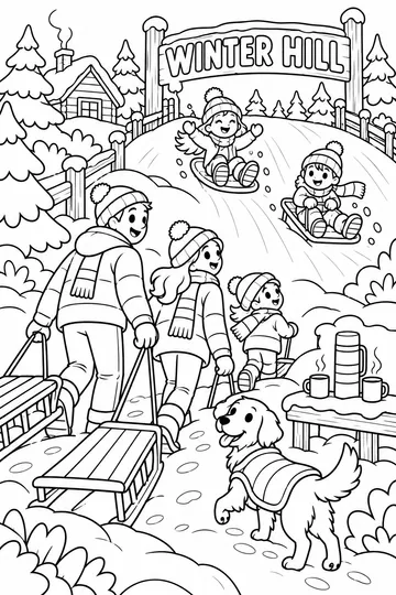 Family Sledding Day coloring page